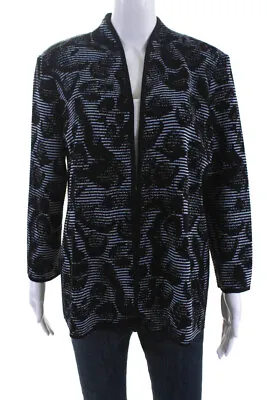 Misook Womens Black Ribbed Knit Printed Open Front Cardigan Sweater Top Size L • $48.79