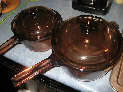 Corning Ware Visions Amber Glass Cookware Set 4 Pcs 2.5l  1.5l Sauce Pan Pot Euc • $75