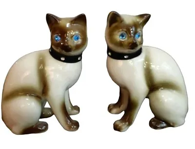 Victoria Ceramics Japan Siamese Cat Figurines Pair Jewel Eyes Velvet Collars • $31.95