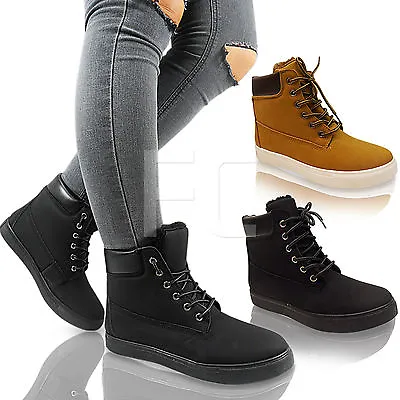 £9.95 • Buy New Womens Ladies Flat Fur Lined Lace Up Platform Ankle Boots Shoes Size Work