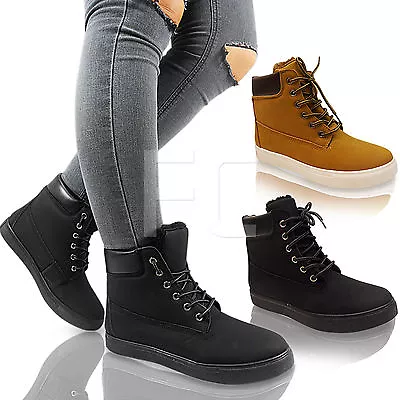 £9.95 • Buy New Womens Ladies Flat Fur Lined Lace Up Platform Ankle Boots Shoes Size Work
