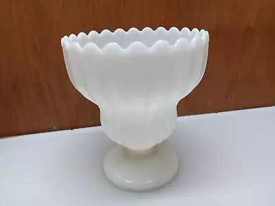 Large 7 3/4  Vintage Milk Glass Ribbed Scalloped Top Pedestal Base Fruit Bowl • $12