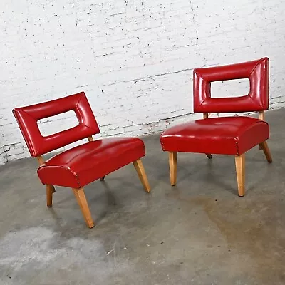 Pair MCM Keyhole Back Orig Red Faux Leather Slipper Chairs Attr Viking Artline • $2995