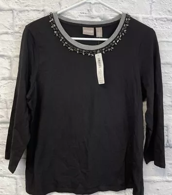 New CHicos Size 1 Womens Medium Black 3/4 Sleeve Top Sparkle Jeweled Neckline • $31.55