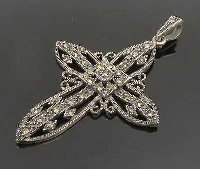 925 Sterling Silver - Vintage Marcasite Swirl Religious Cross Pendant - PT20392 • $42.12