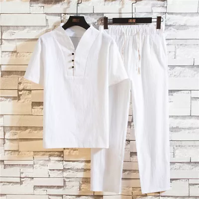 Summer Men's 2Pc Cotton Linen Walking Suit Short Sleeve Casual Shirt Pants Set • $24.83