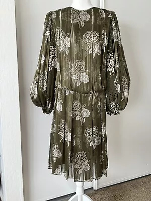 Rare  70s JAMES GALANOS Couture Fantastic Olive Green Silk Chiffon Gown Sz S-M • $180
