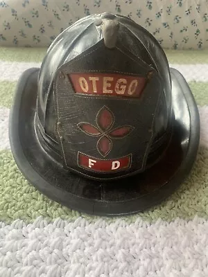 Vintage Cairns Black Fire Helmet With Leather Front Shield Otego Fire Department • $459.99