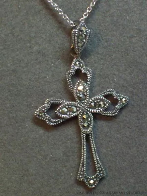 Sterling Silver Marcasite Cross Necklace Chain 925 Gothic Open Work Pendant Vtg • $24.99