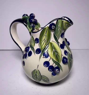 J. McCall Pitcher Creamer Blueberries Blue Sky 2004 Handpainted Floral Clayworks • $19.99