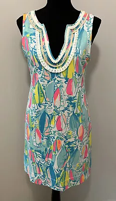 Lilly Pulitzer Blue Pink Harper Beach Sailboat V Neck Mini Dress Womens S • $29