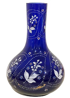 Antique Cobalt Blue Glass Barber Bottle With Hand Painted Floral Design 9.25  • $53.10