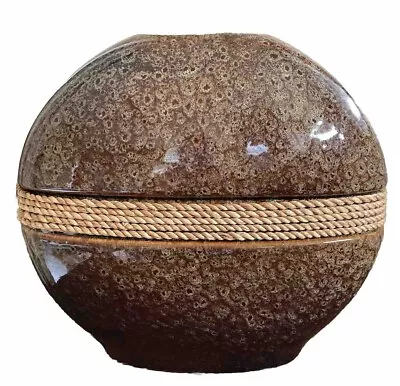 Brown & Tan Speckled Decorative Round Ceramic Vase Rope Accent • $23