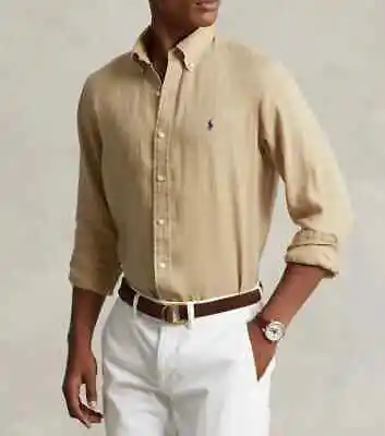 Ralph Lauren Polo Men's Long Sleeve Button Down Linen Shirts Classic Fit Tan • $99.99