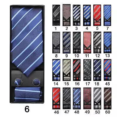 £8.99 • Buy Mens Stripe Wedding Tie Set Gift Box 3 Piece Necktie Cufflinks Handkerchief Prom