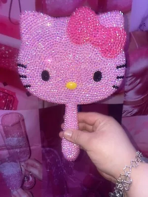 Hello Kitty Crystal Hand Held Makeup Mirror Silver With Pink Bow • $50