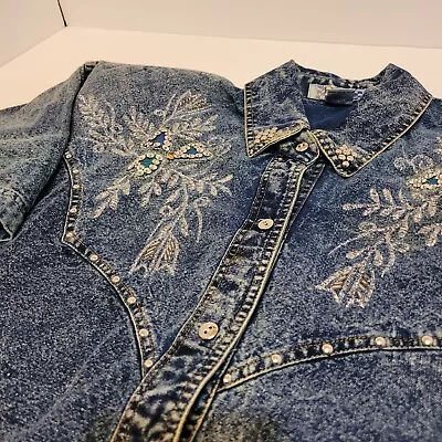 Pretty Bleu Denim Acid Wash Embroidered And Studded Shirt M • £12.26