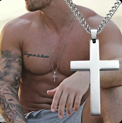 CHRISTIAN RELIGIOUS CROSS CRUCIFIX Pendant Stainless Steel Silver Necklace Men • $9.94
