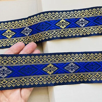 2 Yards Blue & Yellow Jacquard Ribbon Trim For Sewing/Crafts/Bridal/2  Wide • $8.55
