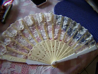 Vintage Ivory Celluloid Lace Hand Fan Floral Print • $9.99