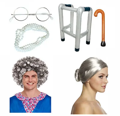 Granny Old Lady Fancy Dress Costume Accessories Wig Zimmer Walking Stick Pearls • £2.75