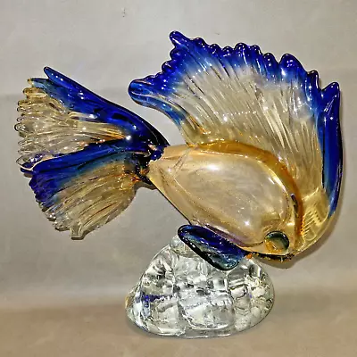 ✨VTG 10.25  Murano Fish Sculpture Art Glass Metallic Gold & Blue MCM No Sticker✨ • $395.65