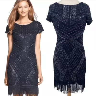 Aidan Mattox Navy Sequin Fringe Cocktail Dress| Size 6 • $120