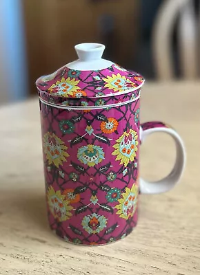 Magenta Floral Design World Market Tea Cup Mug Infuser & Lid 3 Piece 12 Oz NEW • $12