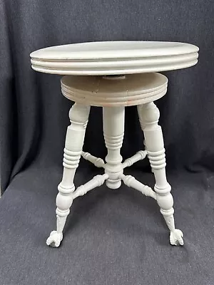 Antique Round Wood Piano Stool W/ Glass Ball  Claw Feet  Adjustable Swivel Seat • $49