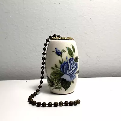 Vintage Ceramic Porcelain Pull Chain Fan Light Blue Flower Rose 7  Long Brass • $24.99