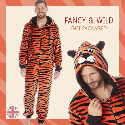 1Onesie Mens Adult Teens Junior Boys Tiger Animal Fleece All In One Jumpsuit NEW • £22.49