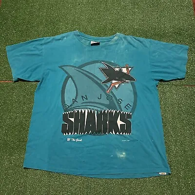 Vintage 1990s San Jose Sharks Single Stitch Teal T-Shirt Size XL • $34.92