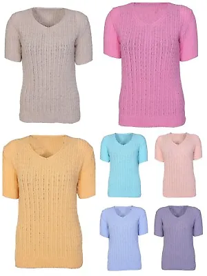 Women Ladies V Neck Cable Knit Jumper Knitted Pullover Sweater Top Size 10-18 • £14.99