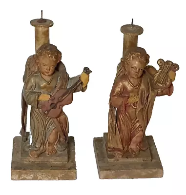 Vintage Pair Angel Candle Holders Playing Harp & Mandolin Wood & Paper Mache 9  • $89