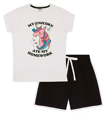 Girls My Unicorn Ate My Homework Cotton Short Black White Pyjamas 9-14 Years • £5.99