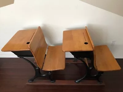 Antique School Desks (2) - Wood & Cast Iron - Ink Well/Foot Rest/Pencil Holder • $225