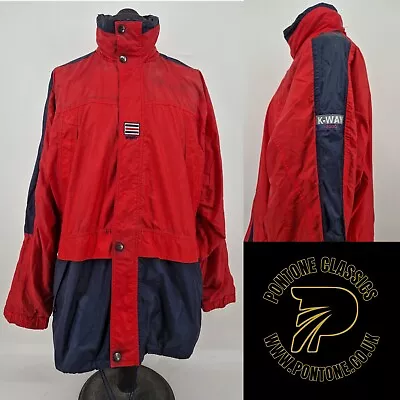 K-Way 2000 Mens Red Navy Lightweight Hooded Rain Jacket  Vintage Sportswear XL • $36.09