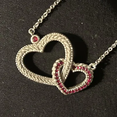 Judith Ripka Sterling Silver & Ruby Linked Double Heart Pendant On Chain 20” • $295