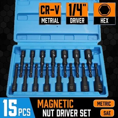 15pc Magnetic Nut Driver Setter Bit Nut Driver MM & SAE 1/4  Shank Quick Change • $16.97