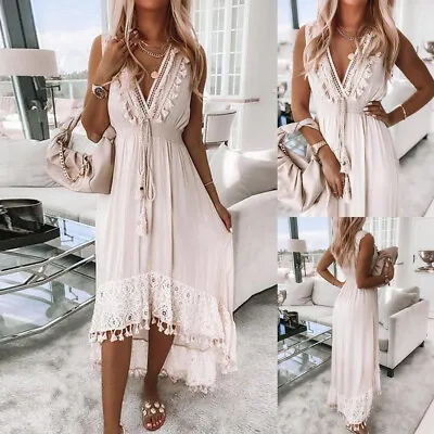 Womens Summer Boho Lace Maxi Dress Ladies V Neck Casual Holiday Long Sundress • $26.99