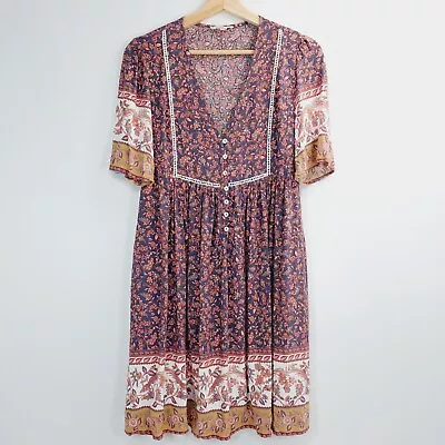 Iris Maxi Short Sleeve Dress Womens Size 8 Pink Floral V-Neck Rayon Boho Hippie • $39.99