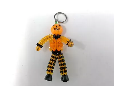 Beaded Orange & Black Jack O Lantern Pumpkin Halloween Craft Keychain • $5.99