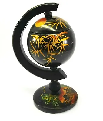 Vintage Oriental Black Lacquer Hand Painted Wood Globe Spinning Ashtray • $41.26