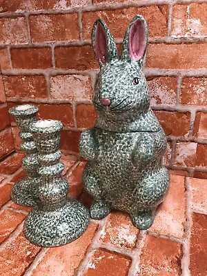 Laurie Gates Rabbit Bunny 13  Cookie Jar & Rare Candlesticks Los Angeles Pottery • $119.99