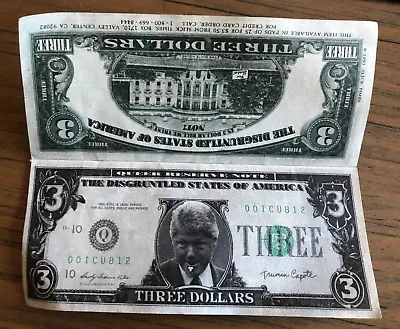 1993 President Bill Clinton $3 Dollar Bill - Slick Times Novelty Money - 2 Bills • $5