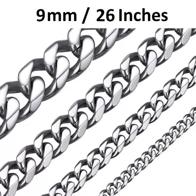 Silver 316l Stainless Steel 9mm Wide 26 Inch Long Cuban Curb Chain Necklace • £7.99