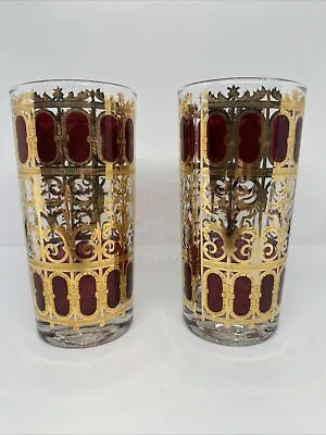 Set Of 2 Vintage Culver Majorca Cranberry Red & Gold Scroll Highball Glasses • $20