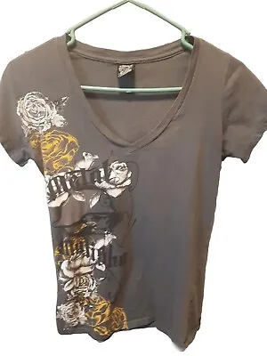 Women's Metal Mulisha Gettin Dirty Rose Pattern Tshirt Large Gray Vneck • $10