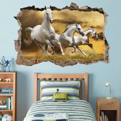 Galloping White Horses Smashed Wall 3D Decal Removable Wall Sticker Mural H169 • £12.30