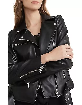 Witchery Biker Jacket Fitted Au 8 S Black Genuine Sheep Leather Rock Premium • $240